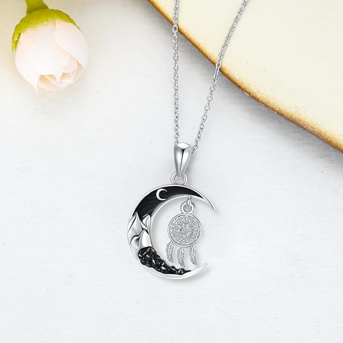 Gothic Jewelry Bat/Cat/Wolf/Dragon/Owl/Fox/Spider/Sun Pendant Sterling Silver Crescent Moon Necklace for Women Girls Black Jewelry Gifts