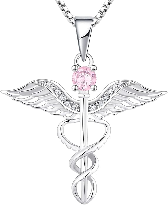 YL Caduceus Necklace Sterling Silver Doctor Nurse Themed Pendant Birthstone Angel Wings Snake Jewelry for Women