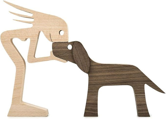 Wooden Sculptures Handmade Accents Craft Figurine for Home Decor Accents, Woman and Dog Wooden Statue, Animal Sculptures Collection, Gift for Men Women Natural ECO Friendly Large Size 10x6x0.8 inches