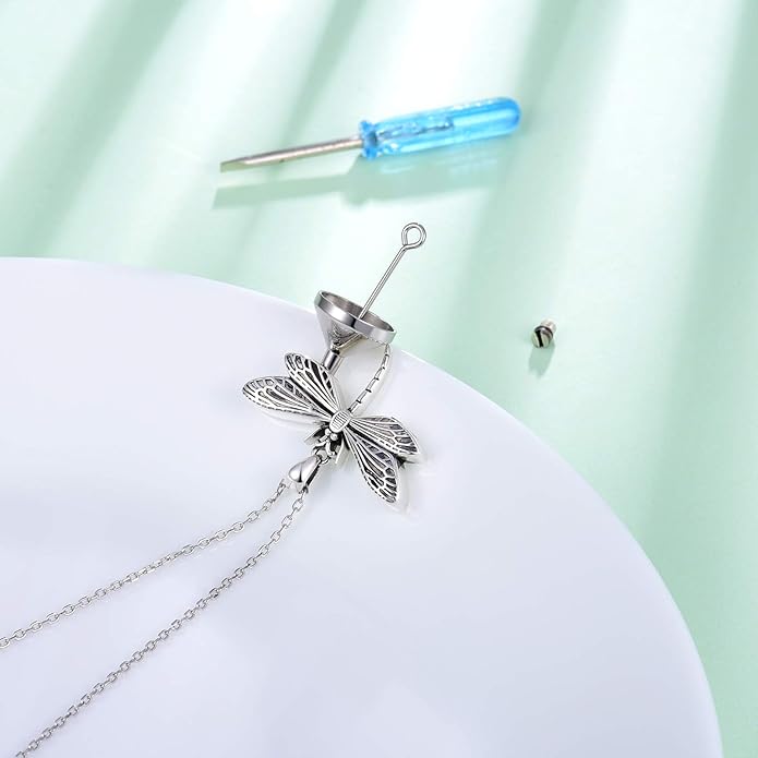 925 Sterling Silver Cremation Jewelry Dragonfly Butterfly Urn Necklace Hold Two Dual Ash Necklace for Loved Ones Cremains Keepsake Memorial Gift for Women