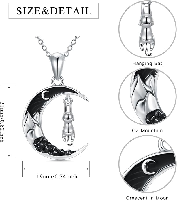 Gothic Jewelry Bat/Cat/Wolf/Dragon/Owl/Fox/Spider/Sun Pendant Sterling Silver Crescent Moon Necklace for Women Girls Black Jewelry Gifts