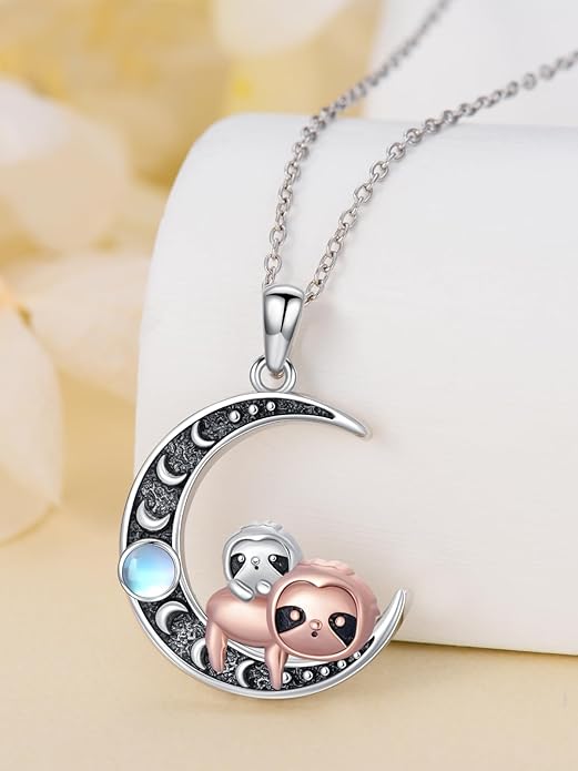 Fox/Cat/Axolotl/Sloth/Panda Necklace Crescent Moon Necklace 925 Sterling Silver Cute Animal Jewelry as Birthday Mothers Day Gifts for Women