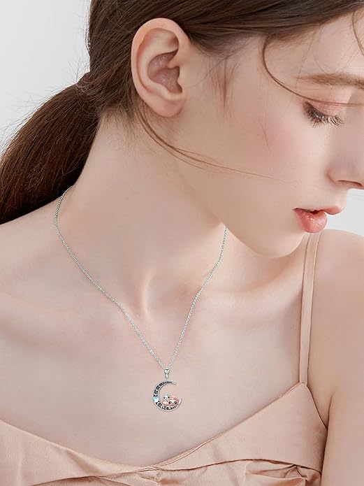 Fox/Cat/Axolotl/Sloth/Panda Necklace Crescent Moon Necklace 925 Sterling Silver Cute Animal Jewelry as Birthday Mothers Day Gifts for Women