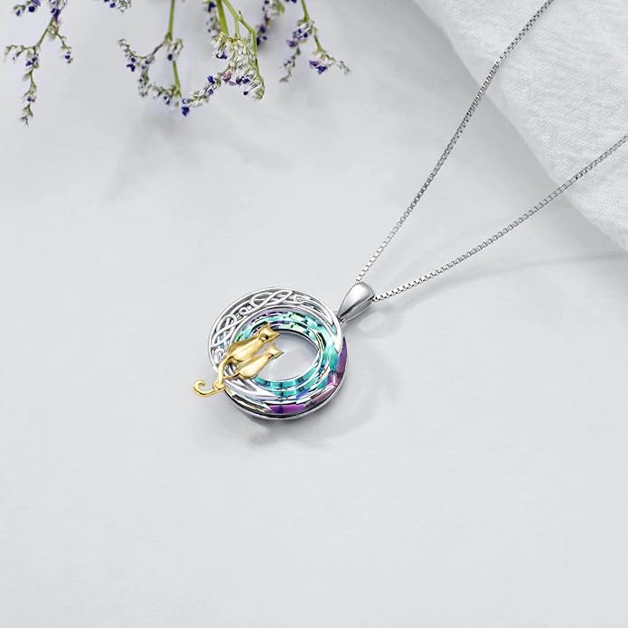 TOUPOP Cat Gifts for Cat Lovers 1 2 3 Cats Necklace Sterling Silver Cat on the Moon Pendant Necklace with Blue Circle Crystal Birthday Christmas Celtic Jewelry Gifts for Women