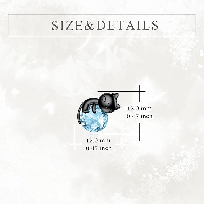 Sterling Silver Birthstone Black Cat Stud Earrings - Cat Birthstone Earrings for Women's Birthday Gift