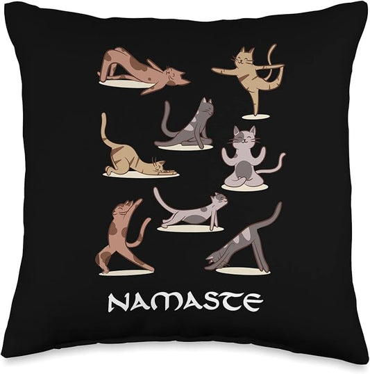 Yoga Meditation Cartoon Cat Figures Exercise Namaste Women Throw Pillow