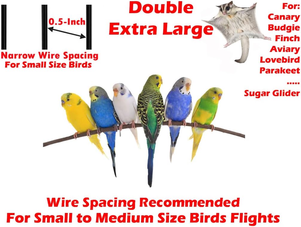64" Extra Large Double Flight Bird Wrought Iron Double Cage Slide Out Center Divider Side Nesting Box Door Parrot Cage Cockatiel Conure with Removable Rolling Stand Storage Shelf