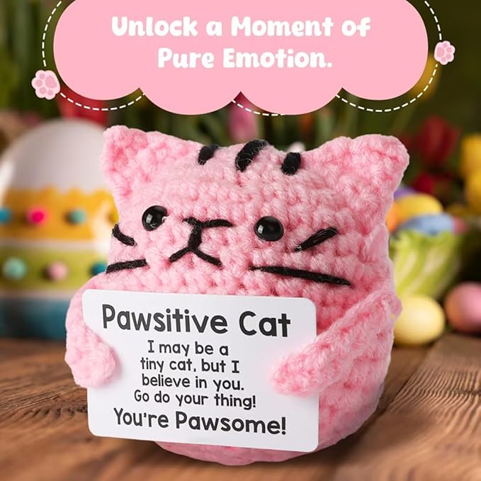 Positive Cat Crochet for Friend Mom Grandma Dad Grandpa Daughter Son Aunt,Pink Cat Gifts for Cat Lover,Emotional Sister Brother Support Small Birthday Gifts Pink