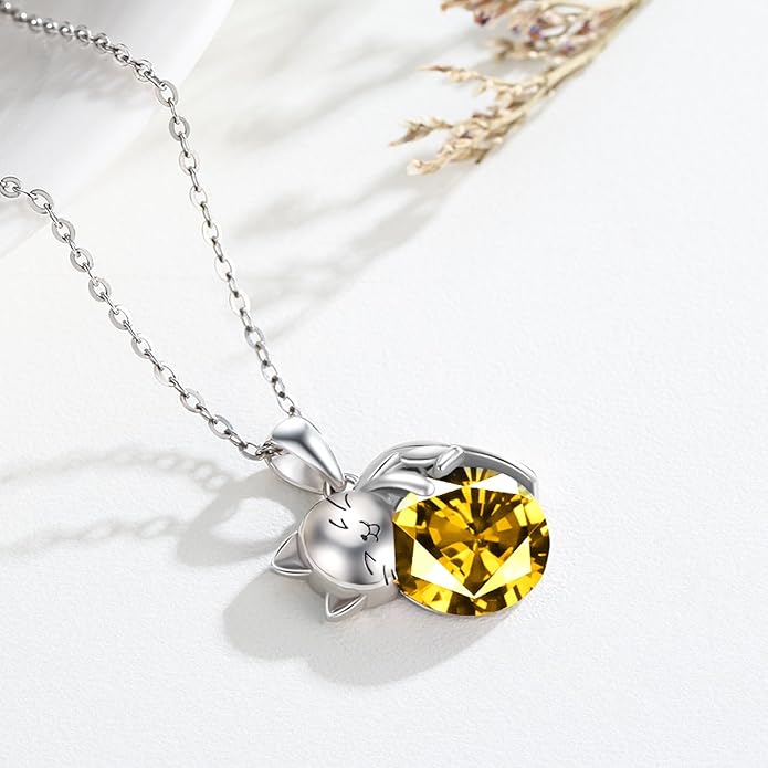 LONAGO Cat Necklace with Birthstone 925 Sterling Silver Cat Pendant Necklace Gift for Women