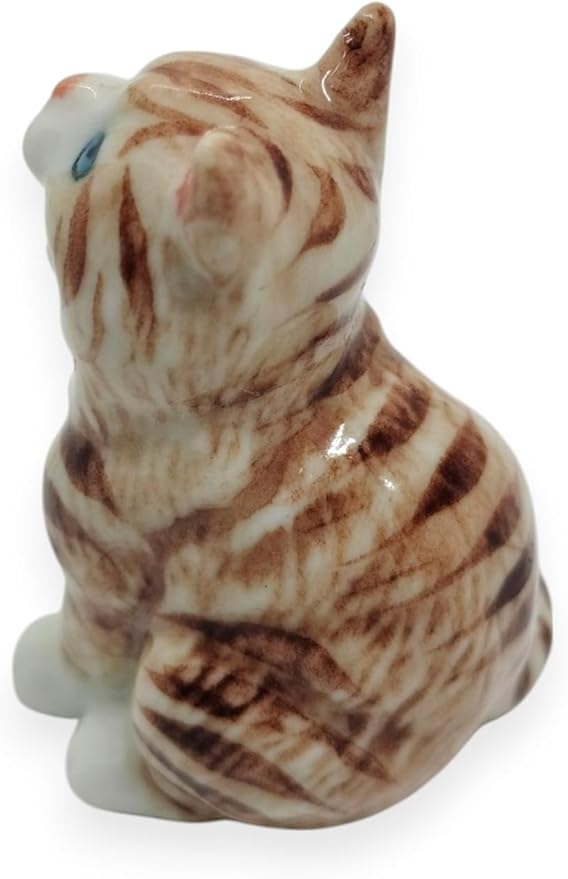 WitnyStore Tiny 1⅜" Long Brown White Tabby Shorthair Cat Sitting Yawn Figurine - Miniature Hand Made Painted Ceramic Cats Kitten Feline Animal Cute Porcelain Decorative Collectible Figures Décor Gifts