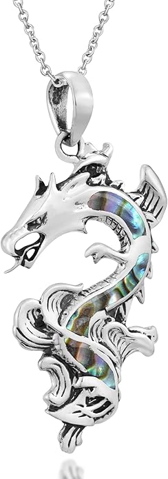 AeraVida Legendary Chinese Dragon Charm Stone Inlaid Accent .925 Sterling Silver Pendant on 18-inch Chain Necklace | Dragon Jewelry Necklace Accessory for Men Women Unisex