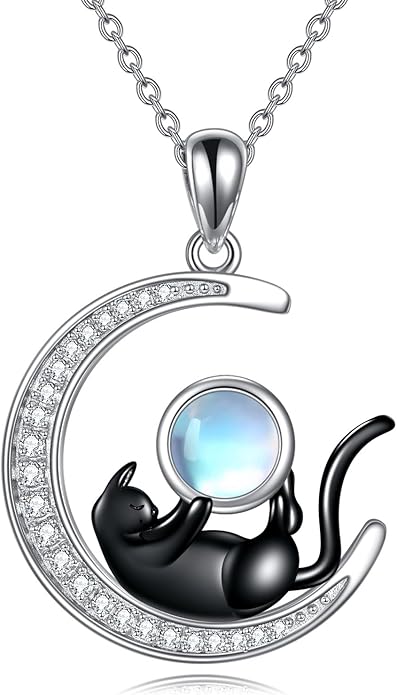 925 Sterling Silver Celtic Crescent Moon Animal Necklace for Women Fox/Black Cat/Hummingbird Crystal/Abalone Shell Pendant Jewelry Gift for Mom Daughter