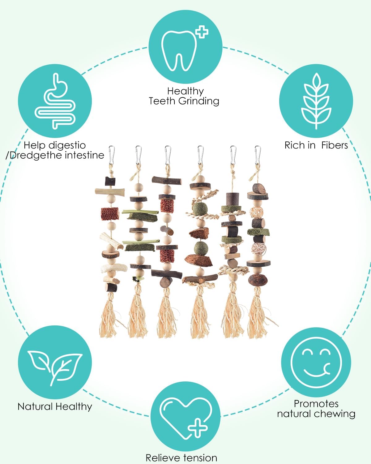 6PCS Bunny Chew Toys, Hamster Rabbit Cage Hanging Chew Toys, Natural Apple Wood Bunnies Treats, Improve Small Animal Teeth Health for Guinea Pig Chinchilla Ferret Rats Gerbil