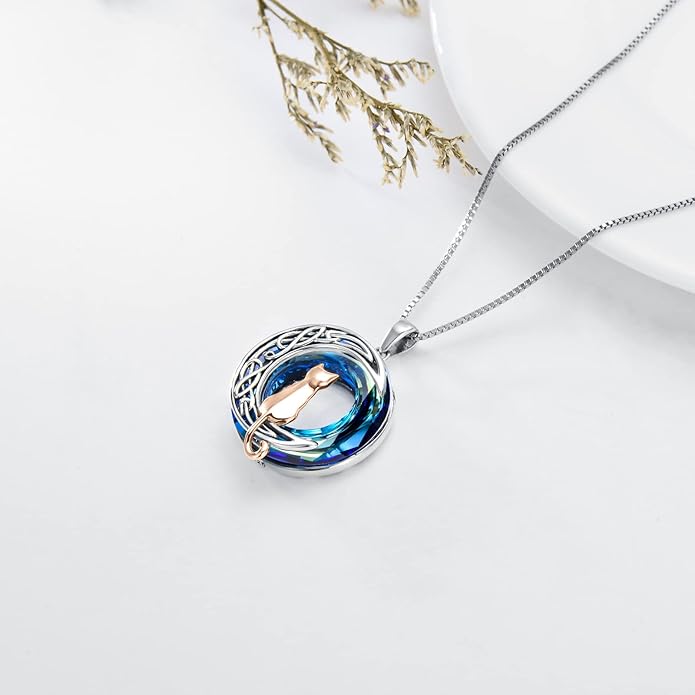 TOUPOP Cat Gifts for Cat Lovers 1 2 3 Cats Necklace Sterling Silver Cat on the Moon Pendant Necklace with Blue Circle Crystal Birthday Christmas Celtic Jewelry Gifts for Women