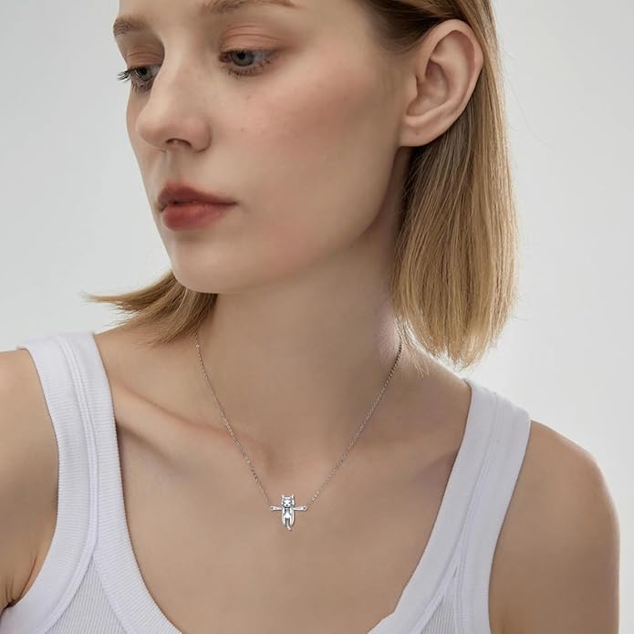 LONAGO Cat Pendant Necklace Sterling Silver Cat Necklace Jewelry Gift for Women