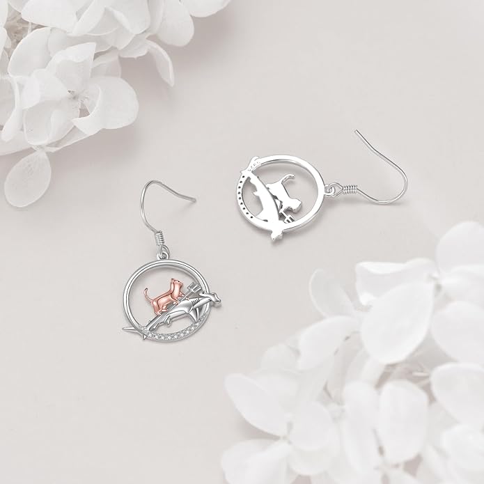 YFN Cat Earrings for Women Sterling Silver Shark Dangle Earrings Cat Jewelry Gifts for Women Cat Lover Shark Jewelry for Shark Lover
