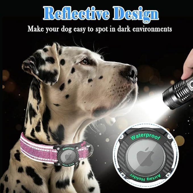 Upgraded AirTag Dog Collar, IP68 Waterproof Dog Collar with Apple Air Tag Holder, Reflective Adjustable Heavy Duty Dog Collars with Soft Padded for Small, Medium and Large Dogs,Pink, S