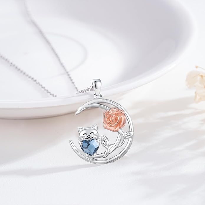 JUSTKIDSTOY Sterling Silver Cute Animal Pendant Necklace with Crystal Cat Pendant - Women's Cat Lovers Jewelry Gift