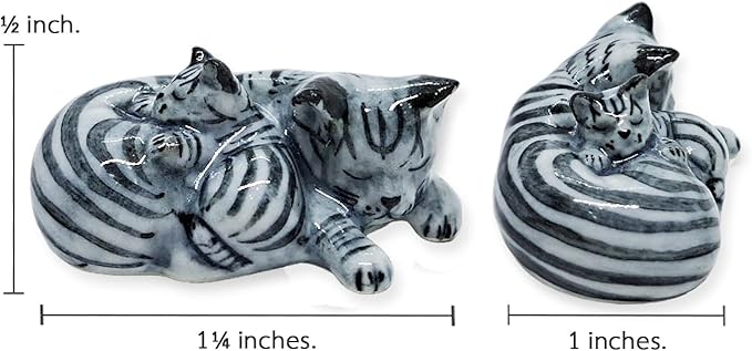WitnyStore Tiny 1¼" Gray Tabby Shorthair Cat Mom and Baby Sleeping Figurine - Miniature Hand Made Painted Ceramic Cats Kitten Feline Animal Cute Porcelain Decorative Collectible Figurines Décor Gifts