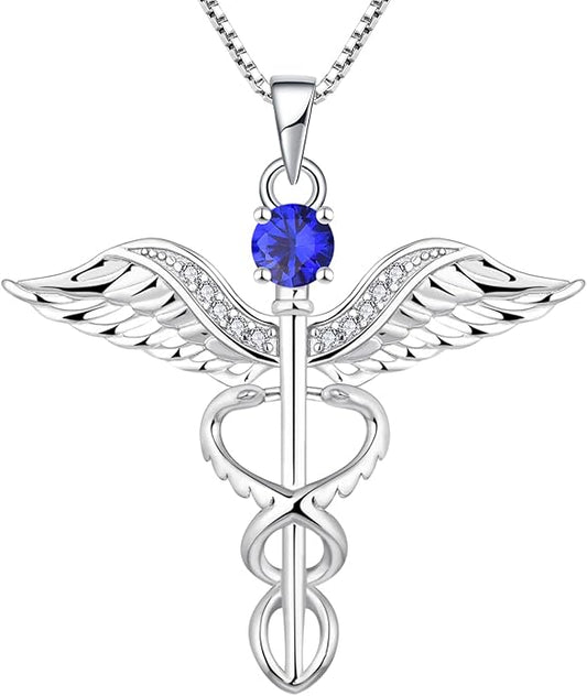 YL Caduceus Necklace Sterling Silver Doctor Nurse Themed Pendant Birthstone Angel Wings Snake Jewelry for Women