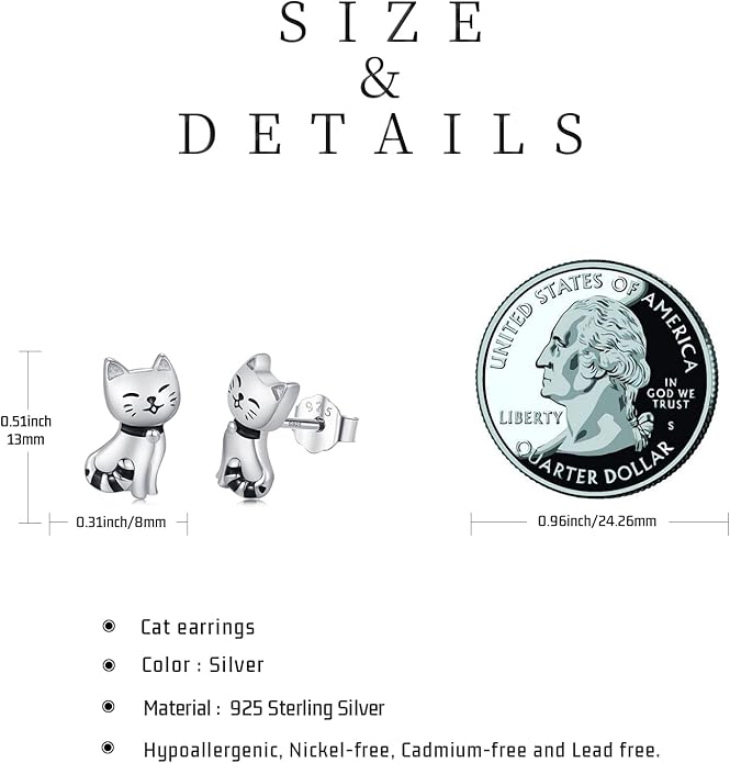 925 Sterling Silver Cat Earrings Cute Animal Kitten Stud Earrings cat Jewelry Gifts for Women Girls Hypoallergenic Earrings for Sensitive Ears