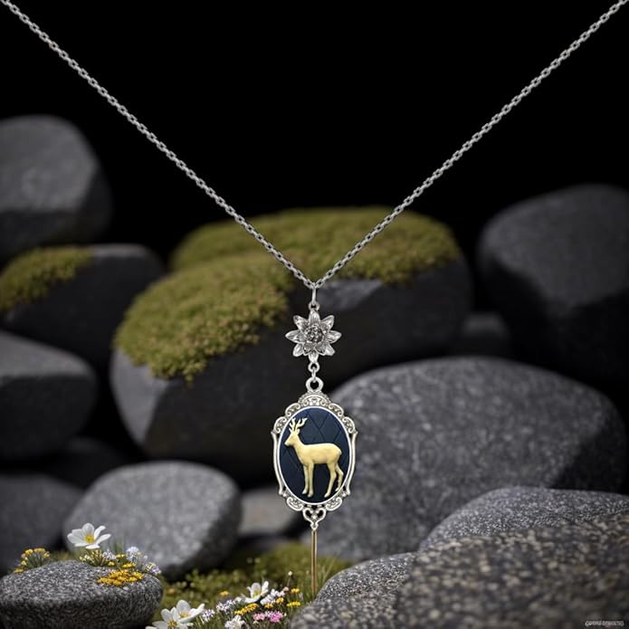 Yspace Lotus Charm Necklace Antique Decor Cameo Pendant 2 Chains Velvet Pouch for Gift