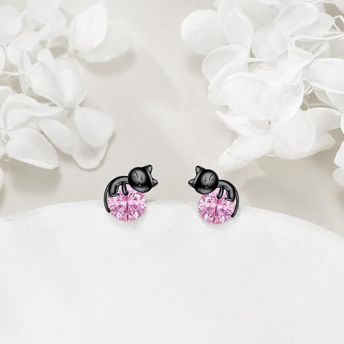 Sterling Silver Birthstone Black Cat Stud Earrings - Cat Birthstone Earrings for Women's Birthday Gift