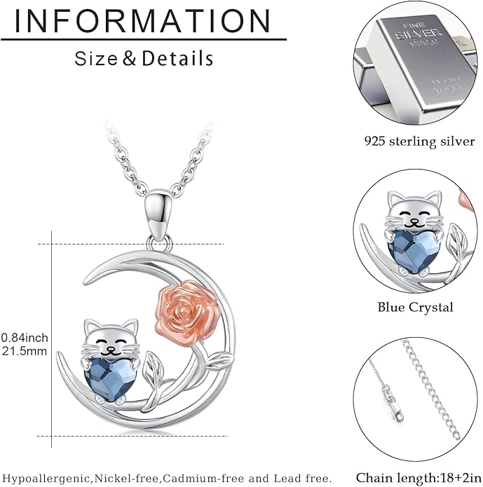 JUSTKIDSTOY Sterling Silver Cute Animal Pendant Necklace with Crystal Cat Pendant - Women's Cat Lovers Jewelry Gift