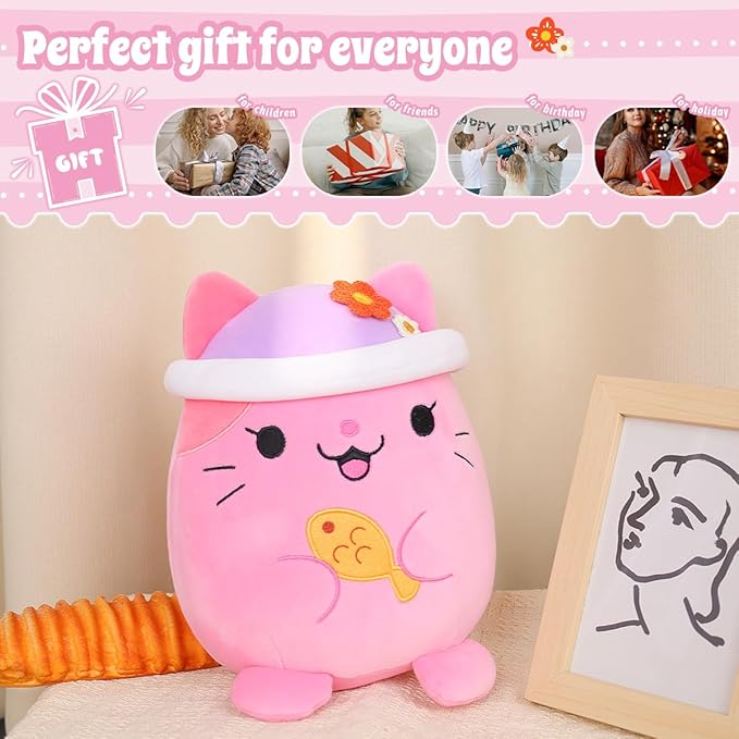 AIXINI Cute Pink Cat Plush Pillow 8" Kitten Stuffed Animal, Soft Kawaii Cat Plushie with Hat Outfit Costume Gift