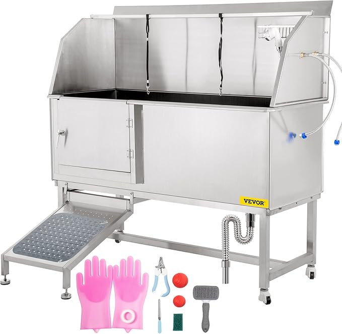 VEVOR Dog Grooming Tub, 62" L Pet Wash Station, 304 Stainless Steel Pet Grooming Tub Rated 661LBS Load Capacity, Non-Skid Dog Washing Station Comes with Ramp, Faucet, Sprayer and Drain Kit