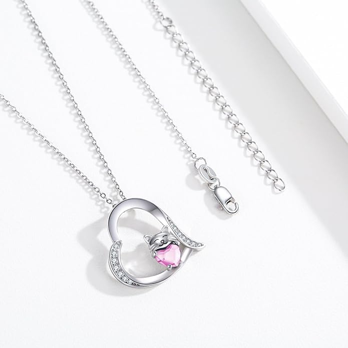 JUSTKIDSTOY Sterling Silver Cute Animal Pendant Necklace with Crystal Cat Pendant - Women's Cat Lovers Jewelry Gift