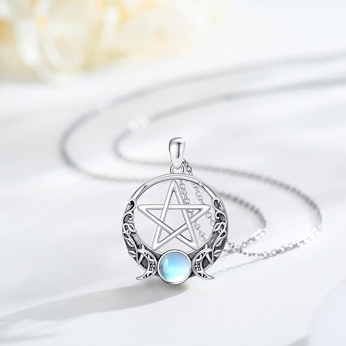 Witch Necklace 925 Sterling Silver Pentagram Triple Moon Pentacle Pendant Wiccan Pagan Jewelry Witchy Gifts for Women