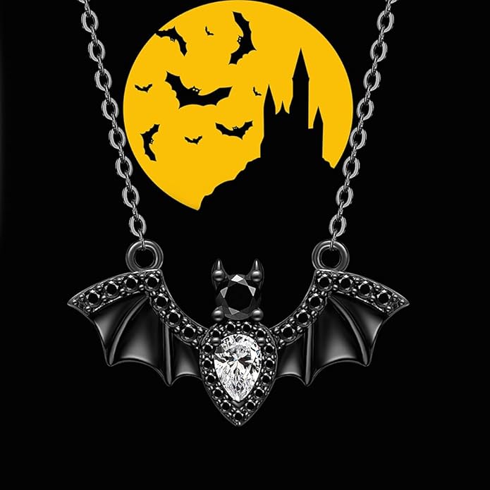 Halloween Bat Necklace for Women Sterling Silver Black Bat Pendant Necklace Gothic Flying Animal