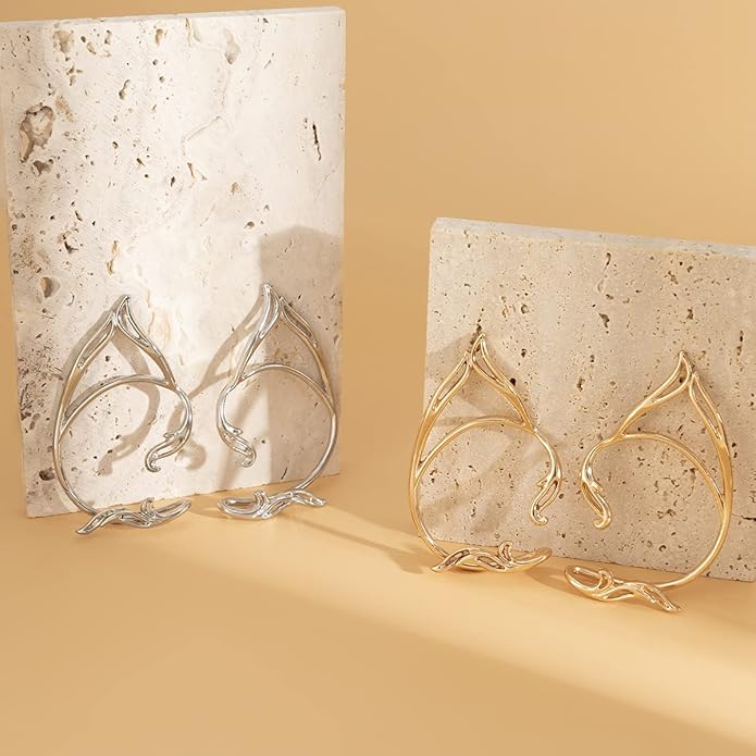 Gothic Elves Ear Cuffs 2pcs Non-Pierced Cat Ear Wrap Hollow Cartilage Climber Earrings Punk Hip Hop Clip on Statement Earrings Gift for Women