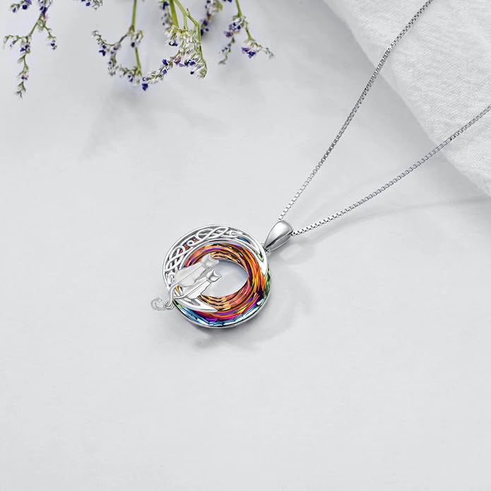TOUPOP Cat Gifts for Cat Lovers 1 2 3 Cats Necklace Sterling Silver Cat on the Moon Pendant Necklace with Blue Circle Crystal Birthday Christmas Celtic Jewelry Gifts for Women