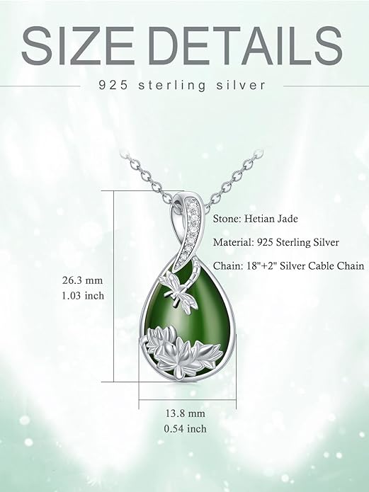 Green Jade Necklace Sterling Silver Teardrop Hummingbird/Dragonfly/Butterfly/Bee/Cat/Cardinal/Owl/Fox/Sloth Natural Jade Jewelry Birthday Mothers Day Christmas Gifts Women Mom Her