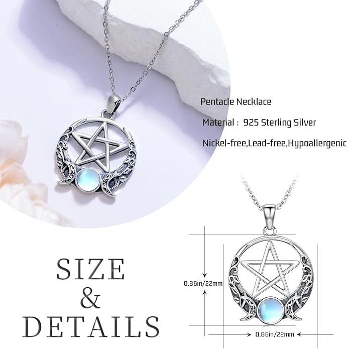 Witch Necklace 925 Sterling Silver Pentagram Triple Moon Pentacle Pendant Wiccan Pagan Jewelry Witchy Gifts for Women