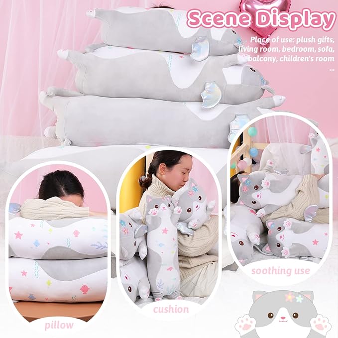 AIXINI Long Cat Plush Pillow Cartoon Cute Gray Cat Stuffed Animals, Soft Kawaii Kitten Plushies Pillow Toy for Kids (Gray,27.5inch)