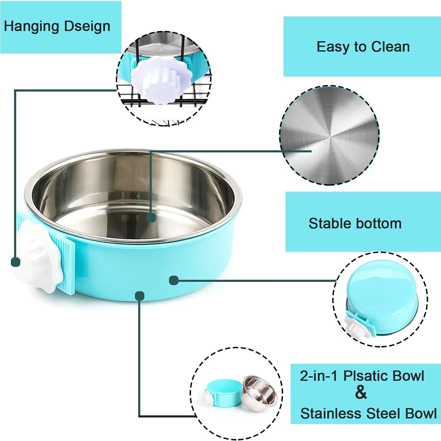 HERCOCCI Dog Crate Bowl, Removable Stainless Steel Pet Kennel Cage Hanging Food Bowls and Water Feeder Coop Cup Prevent Overflow for Puppy, Medium Dog, Cat, Rabbit, Ferret (3PCS)