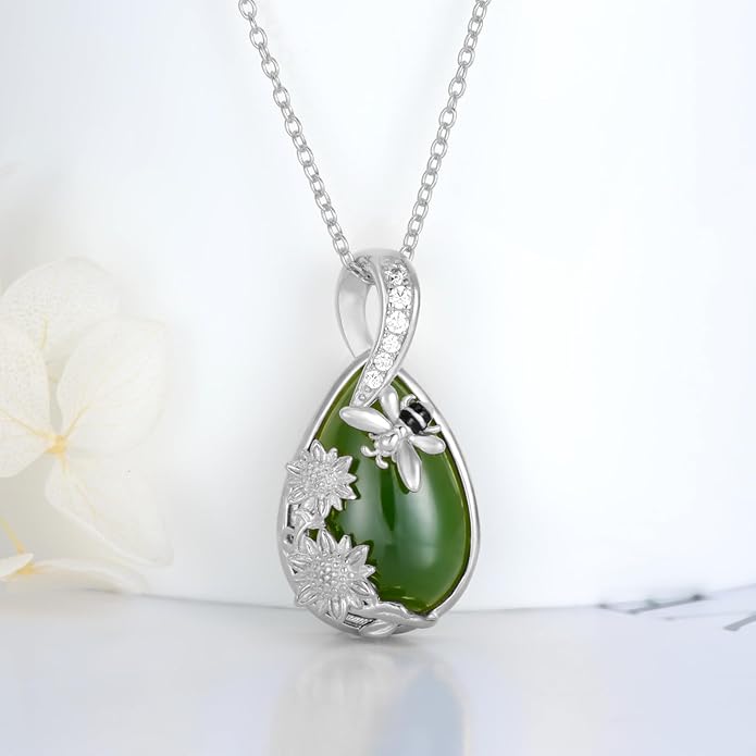 Green Jade Necklace Sterling Silver Teardrop Hummingbird/Dragonfly/Butterfly/Bee/Cat/Cardinal/Owl/Fox/Sloth Natural Jade Jewelry Birthday Mothers Day Christmas Gifts Women Mom Her