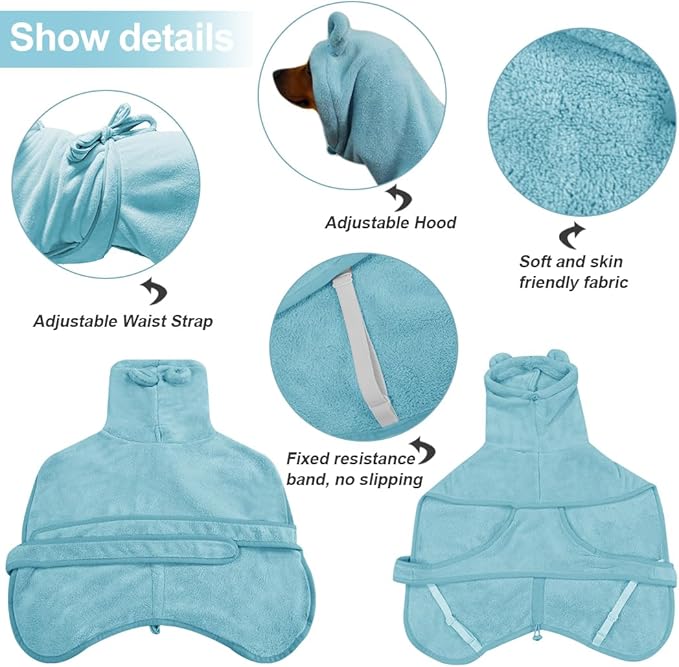 Medium to Large Size Dog Bathrobe, Quick Drying Super Absorbent Used for After Bathing, Warm Dog Towels, Adjustable Hoodies and Belts for Pet Dogs Bath Clothes Products (Blue, 2XL)