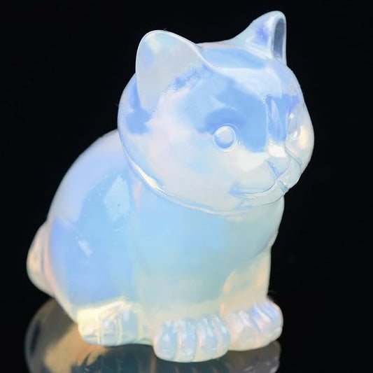 White Opalite Cat Crystal Statues, Healing Crystal Kitty Figurine Decorations, White Cat Gift Lucky Cute Kitten Figurines, Handcrafted Figurine for Home Décor and Spiritual Protection