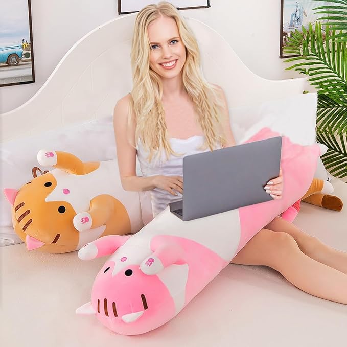 Pink Cat Long Plush Pillow Kitty Stuffed Animals Soft Sleeping Throw Pillow Doll Toy (Pink,27inches)
