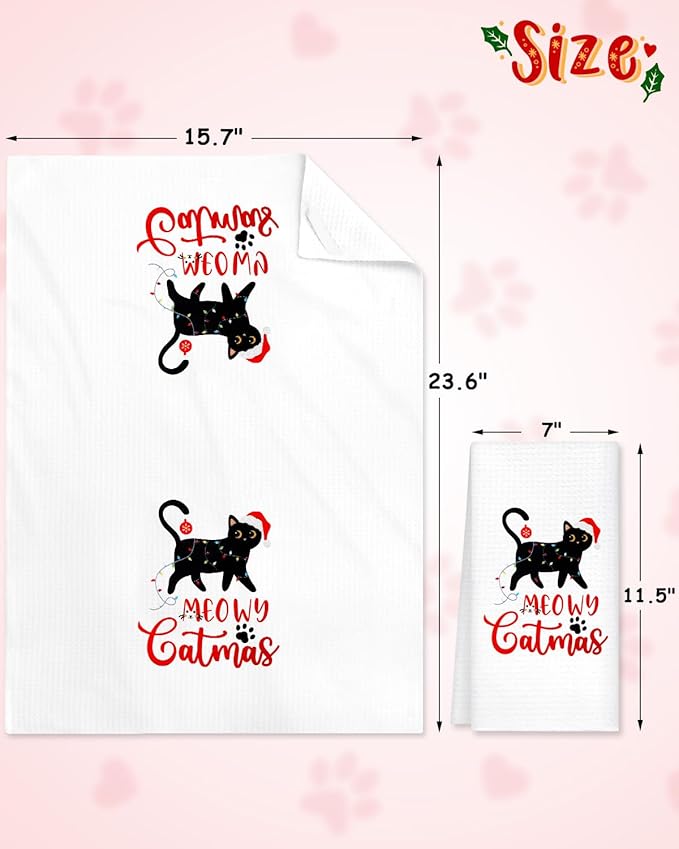 Vansolinne Cat Christmas Kitchen Towels - Decorative Holiday Dish Towels, Meowy Catmas Home Decor, Funny Naughty Kitty Housewarming Gifts for Mom and Cat Lovers