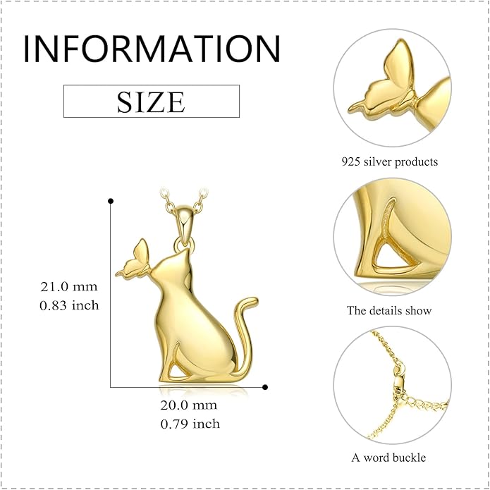 LONAGO Cat Necklace with Butterfly 925 Sterling Silver Cat Pendant Necklace Gift for Women