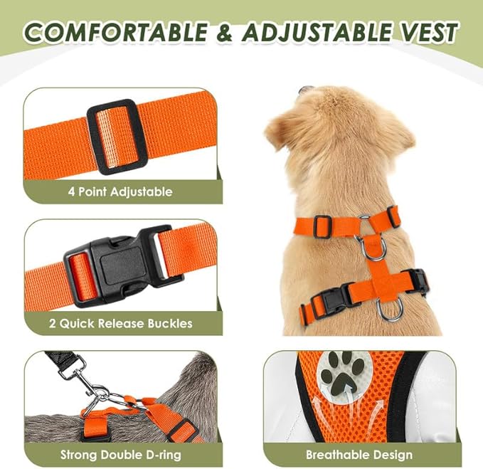 SlowTon Dog Seat Belt Harness for Car, Dog Car Harness Adjustable Mesh Breathable & Dog Seatbelt Safety Tether with Elastic Bungee for Small Medium Large Pets(Orange, Double Clip, M)
