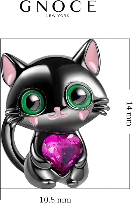 GNOCE Black Cat Embraces Heart Gemstone Charm Bead Sterling Silver Fit Bracelet/Necklace Jewelry Gift For Women Wife