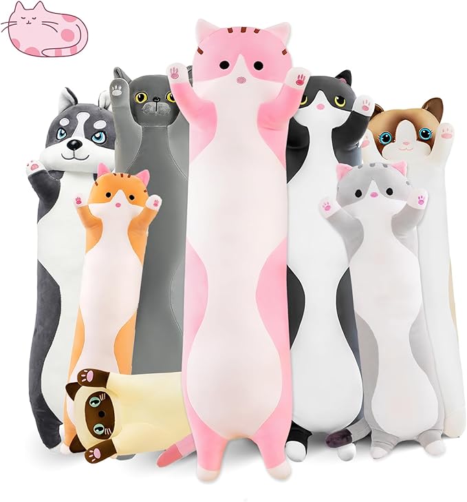 Long Cat Plush Pillow, 43.3in Cute Pink Cat Plushie Stuffed Animals Body Pillow, Kawaii Kitten Soft Plushie Doll Toy Birthday Gift for Kids Girlfriend