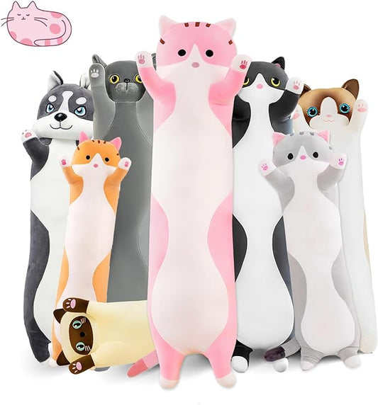 Long Cat Plush Pillow, 35.4in Cute Pink Cat Plushie Stuffed Animals Body Pillow, Kawaii Kitten Soft Plushie Doll Toy Birthday Gift for Kids Girlfriend