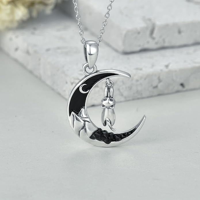 Gothic Jewelry Bat/Cat/Wolf/Dragon/Owl/Fox/Spider/Sun Pendant Sterling Silver Crescent Moon Necklace for Women Girls Black Jewelry Gifts